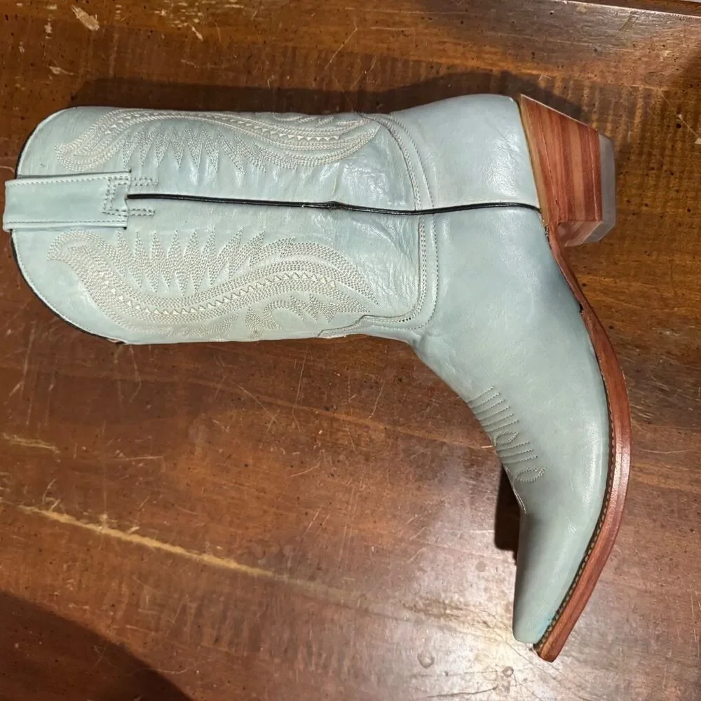 Rio Grande Leather Cowboy Girl Boots Women Sz 7 Light Blue Pointed Toe Slip-On - Picture 11 of 15